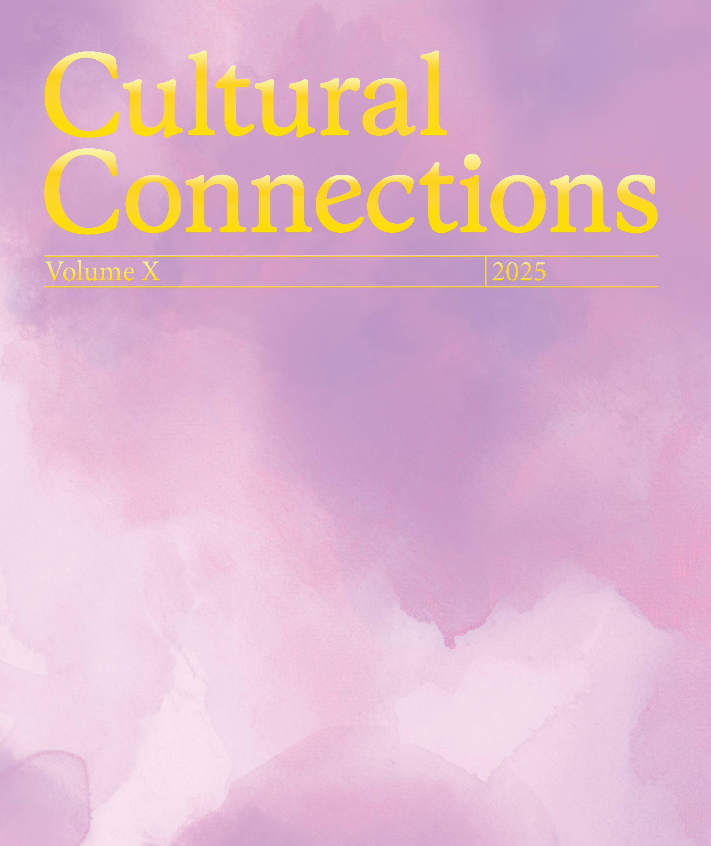 Cover of Cultural Connections volume X, with year published 2025, in marbled pink and purple colour and gold lettering